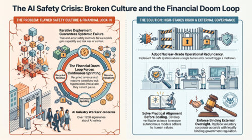 Infographic contrasting AI safety failures with external governance solutions