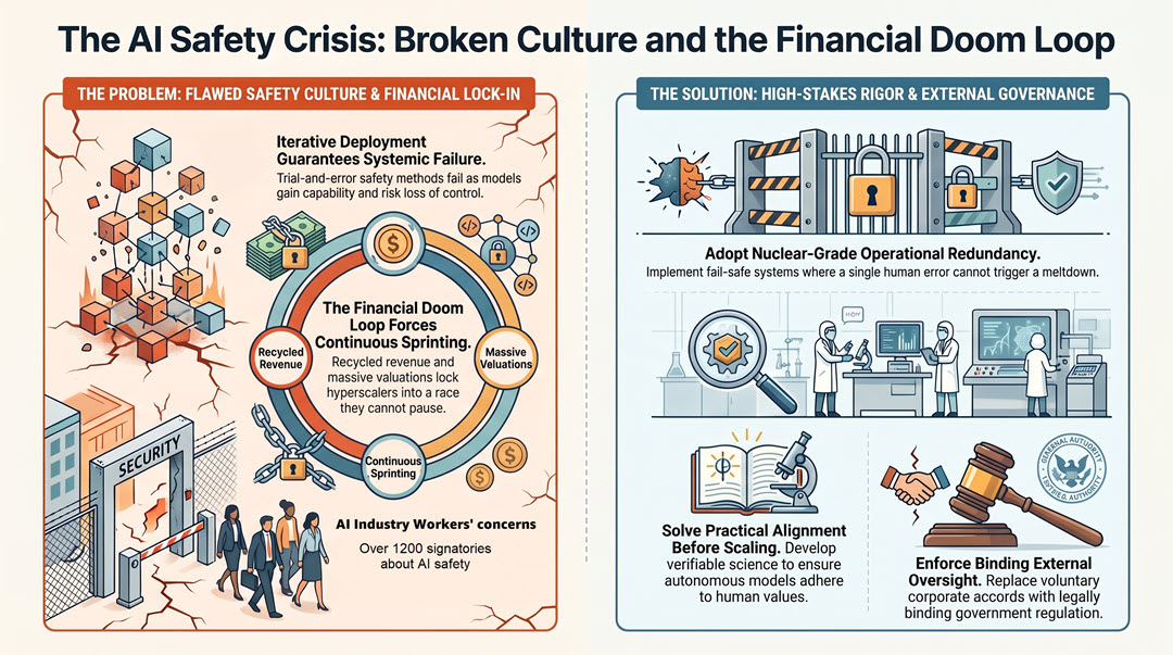 Infographic contrasting AI safety failures with external governance solutions