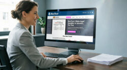 Woman viewing BunTool legal document website on desktop computer