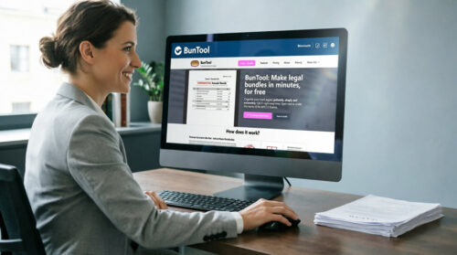 Woman viewing BunTool legal document website on desktop computer