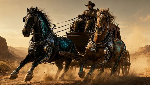 Cowboy drives cybernetic horses pulling a stagecoach through desert