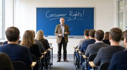 Lecturer teaching consumer rights to students in classroom