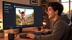 Man viewing AI-generated cartoon donkey on computer
