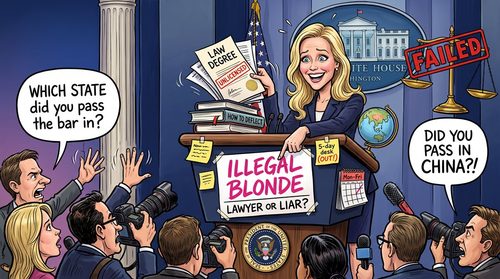 Cartoon press conference questioning a blonde lawyer’s credentials