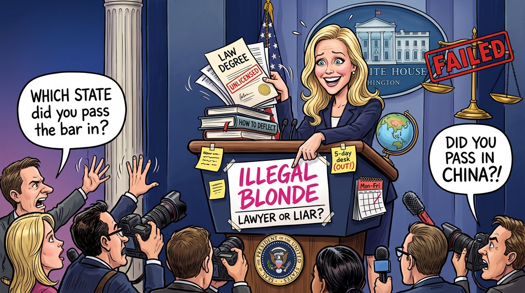 Cartoon press conference questioning a blonde lawyer’s credentials